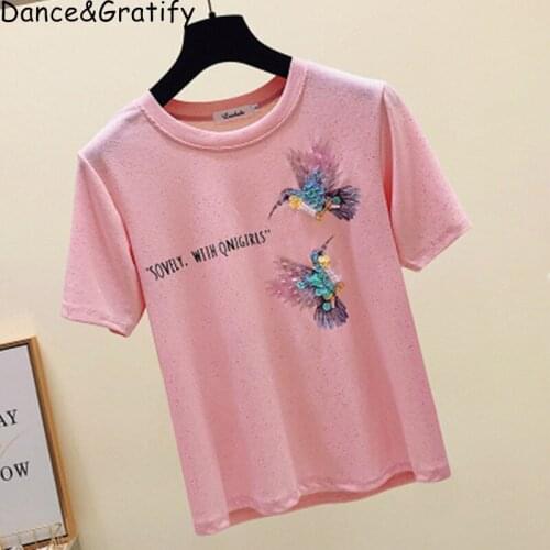Women Thin Lurex Tshirt Sweet Sequined Birds Tops Fashion Bling Girls Student Tee New 2020 Summer