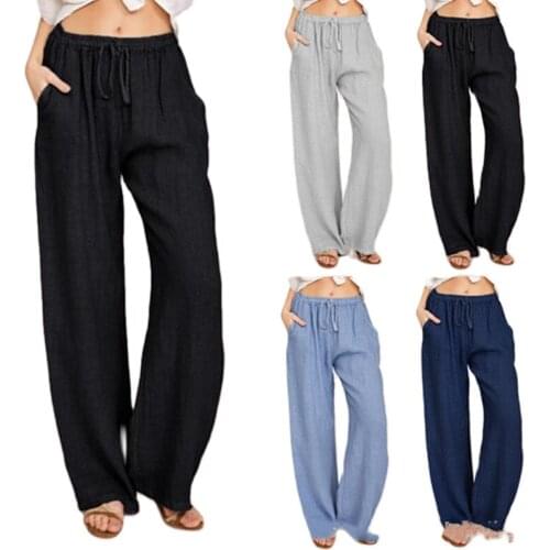 Women Spring Casual Pants, Solid Color Drawstring Middle Waist Loose Trousers with Pockets for Girls, 4 Colors