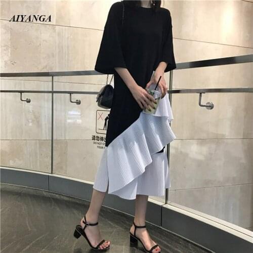 Plus Size 2019 New Fashion Elegant Summer Dress Women Sexy O Neck Ruffles Patchwork Cotton Dress Party Casual Dresses