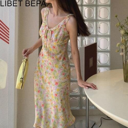 2021 New Women Summer Party Dress Sexy Backless Sleeveless Floral Printed High Waist Vintage Korean Elegant Long Dresses DR6651