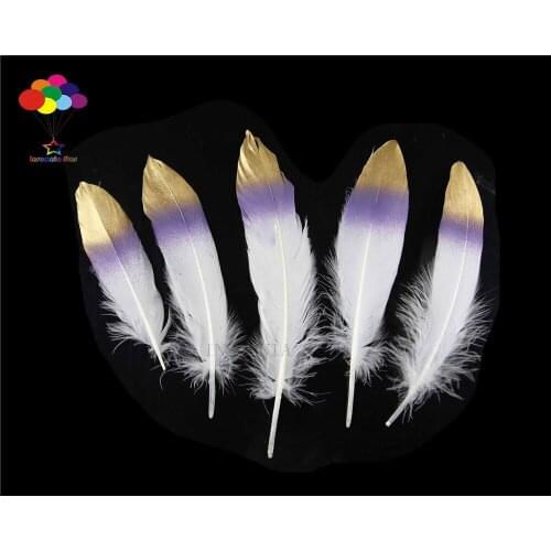 10pcs 100% natural premium goose feather 20-25cm/8-10inch white purple tail gold tip beautiful for Diy costume mask headdress