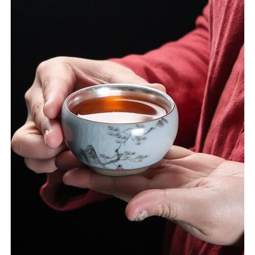110ml 999 Pure Silver Teacup Handmade Ceramic Hand-painted Cup Master Small Tea Bowl Drinkware Teaware Container Collection Cups