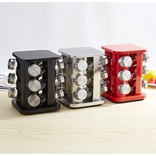 12Pcs Stainless Steel Jars For Spices Salt Pepper Spice Rack Glass Seasoning Bottle Set With Turnable Holder Kitchen Supplies