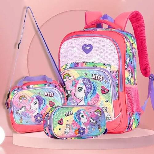 3pcs/set Teens Sequins Unicorn 3D Cartoon Student Children Kids School Bags Backpack for Girls with Lunch Bag Pencil Case 4color