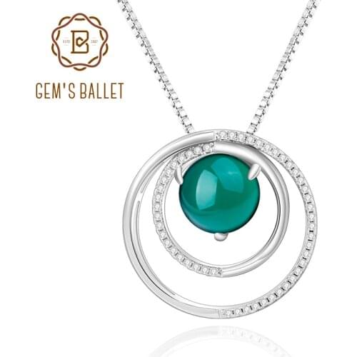 GEMS BALLET 925 Sterling Silver Double Circle Pendant Shiny Paved Natural Green Agate Gemstone Pendant Necklace For Women