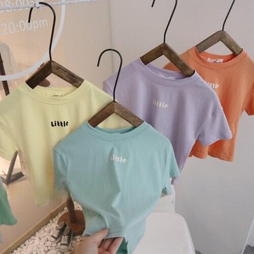 2021 Summer Girls Short Sleeve Letter Printed Candy Color Top Korean Baby Children Half Sleeve Pure Color T-shirt For 1Y 2Y 4Y5Y