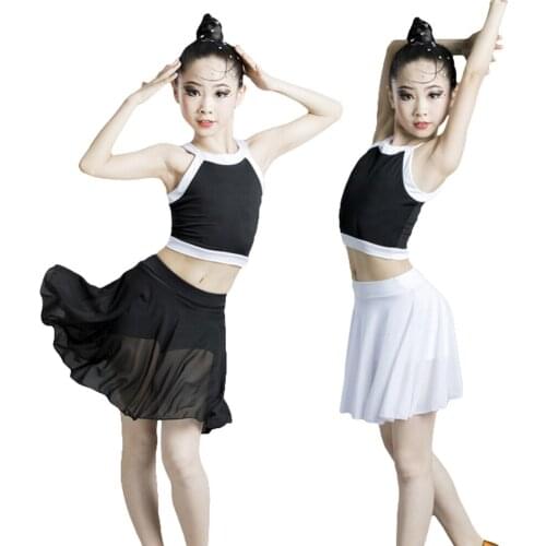 2Pcs Kids Girls Latin Dance Skirt Top Vest + Black/White Skirt Stretchy Dance Clothes Practice Competition Performance Costume