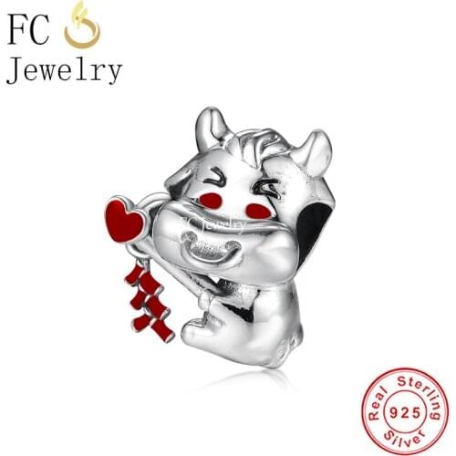 FC Jewelry Fit Original Charm Bracelet Real 925 Silver 2021 Year of the Ox Cow Red Enamel Heart Bead For Making Women Berloque
