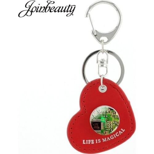 JOINBEAUTY Computer Circuit Board Red Heart Shape PU Leather Keyrings Electronics Network Snap Buttons Accessories Keychain QF01