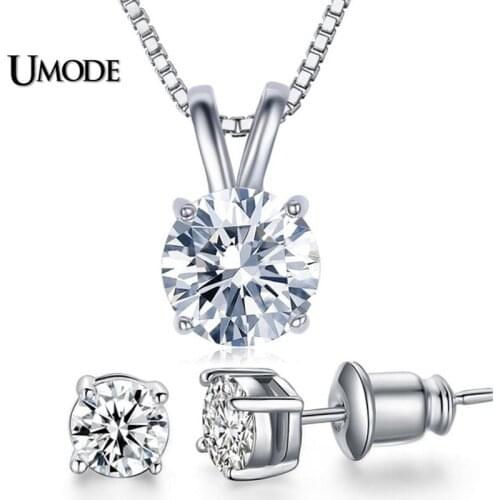 UMODE Classic Permanent 2ct Solitaire Hearts andRound 8.0mm Cubic zirconia AAA+ CZ Pendant Necklace UN0047+UE0142