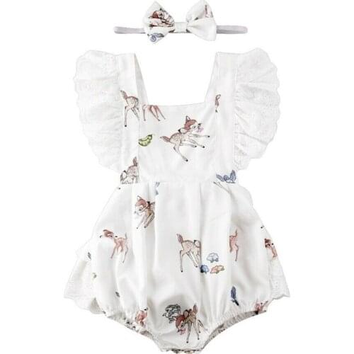 2020 Lovely Gifts Baby Girls Deer print lace ruffles Sleeveless Romper Infant Lace Jumpsuit Clothes Sunsuit Outfits 2Pcs