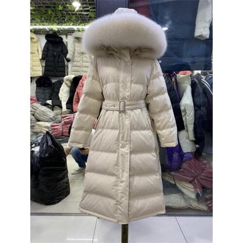 New Fashion Slim Winter Jacket Women Coat 90% White duck down Real Fox Fur Casual Outdoor Black Beige Female Long Parker