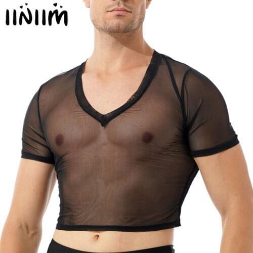 Sissy Men Underwear See-through Mesh Sexy Crop Top V Neck Short Sleeve Cropped T-shirt Nightclub Show Exotic Apparel Costumes