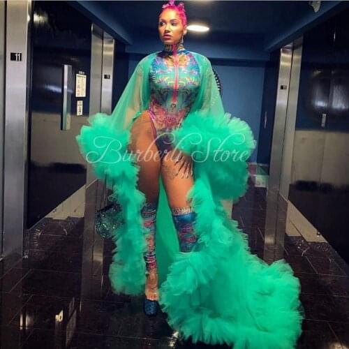 High Street Mint Ruffles Tiered Tutu Overlay Sexy See Thru Women Cloak Full Sleeves Female Long Dresses Tulle Long Robe