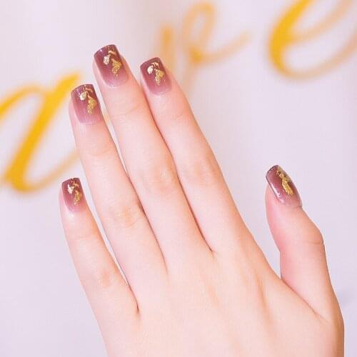 24pcs Fake Nails With Design Purple Gold Leaf Wear Short Paragraph Fashion Manicure Patch False Nails With Glue Wearable Nail DL