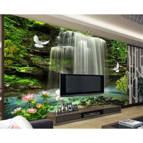 Beibehang wallpaper Natural beauty mountain water lotus waterfall background wall decoration painting 3D wallpaper living room