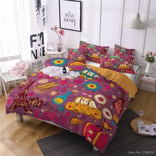 Paris Eiffel Tower Bedding Set Twin Full Queen King Size Romantic Love Life Cartoon Printed Duvet Cover Set 2/3pcs Bedclothes