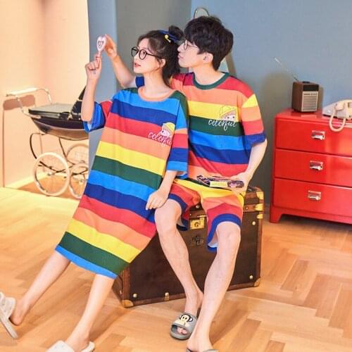 SLPBELY Couple Pajamas Set Sleepwear Summer Lovely Cartoon Stripe Short Sleeve Nightdress Shorts Men And Women Pyjamas Homewear