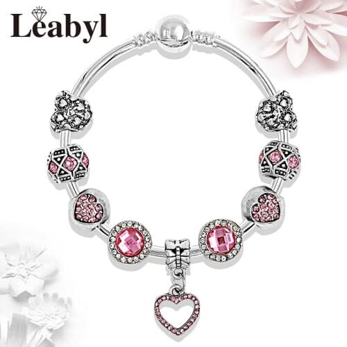 Leabyl Romantic Pink Crystal Heart Charm Bangle Bracelet for Women Lovers Gift Lovely Pink Bead Bangles Jewelry Pulseiras Mujer