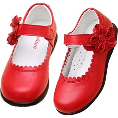 Kids Girls Flower Children Genuine Leather Shoes For Girls School Red Black Pink Christmas Party Wedding Dance Dress Shoes New