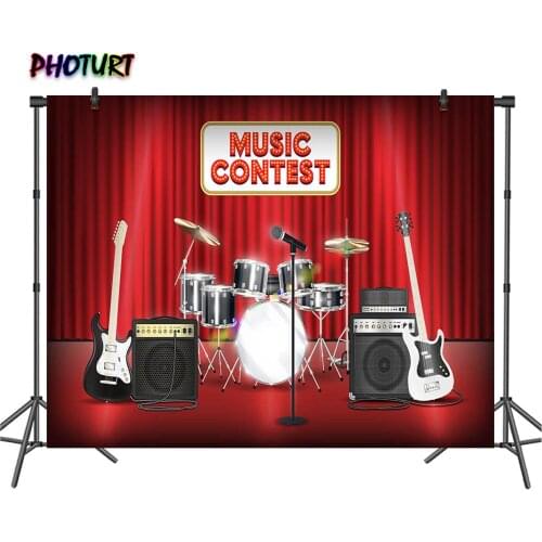 PHOTURT Drum Guitar Bass Photography Backdrops Birthday Party Background Music Band Stage Red Curtain Vinyl Photo Studio Props