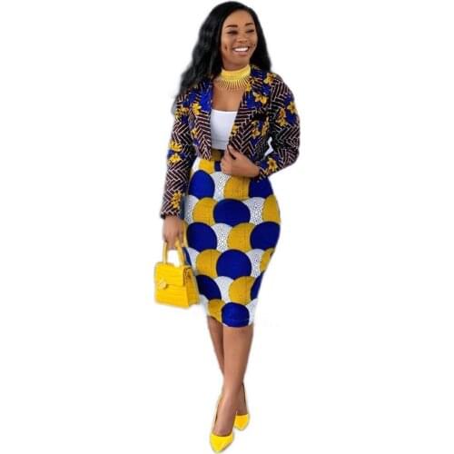 Women Fashion Casual Long Sleeve Short Jacket +Skirt Suit Africa Plus Size Two Piece Set Office Ladies Printing Business Uniform