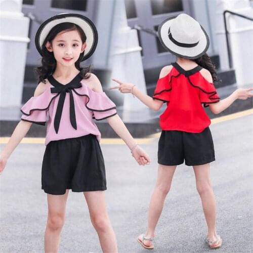 Teen Girls Clothing 2021 New Girls Clothing off shoulder bow top+ Short Clothes For Teenage Girls Summer Childrens Clothes