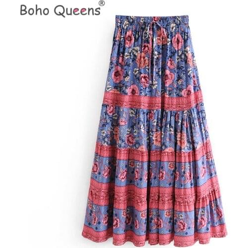 Boho Queens Hippie women floral print beach Bohemian skirt ladies High Elastic Waist A-Line rayon Boho Maxi Skirt