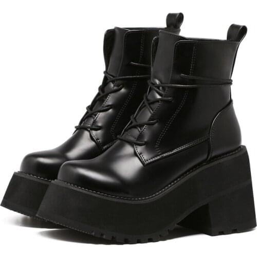 Harajuku Style Thick-Soled Lace-up Short Boots Women Autumn 2021 New Chunky Heel 9cm High Heel Winter Fleece Lining shoes