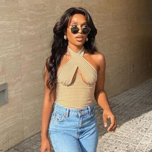 2021 Sexy Women Casual Halter Tops Summer Plaid Printed V Neck Sleeveless 90s Streetwear Tie Up Ruched Hollow Out Tops Clothes
