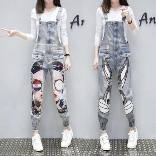 Denim Overalls for Women 2020 Spring Au-tumn Cartoon Character Print Hole Womens Jumpsuits Loose Casual Denim Pants bodysuit