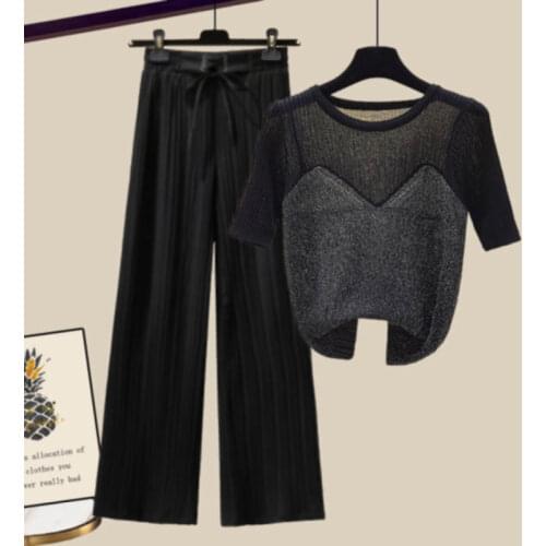 Plus Size Womens Summer Suit Women 2021 New Short-sleeved T-shirt + Thin Wide-leg Pants Plus Size Womens Two-piece Suit