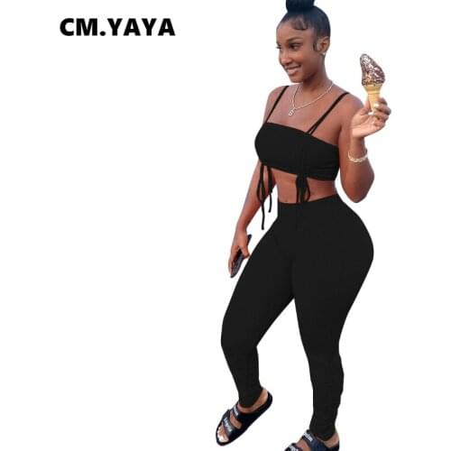 CM.YAYA Women Set Solid Sleeveless Strap Draw String Crop Tanks Tops Pencil Pants Two Piece Sets Fashion Outfit Tracksuit Summer
