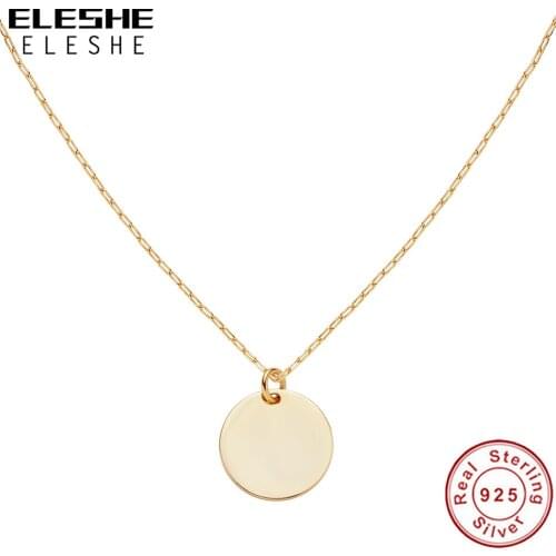 ELESHE Fashion Round Coin Pendant Necklace For Women Real 925 Sterling Silver with 18K Gold Plated Simple Jewelry