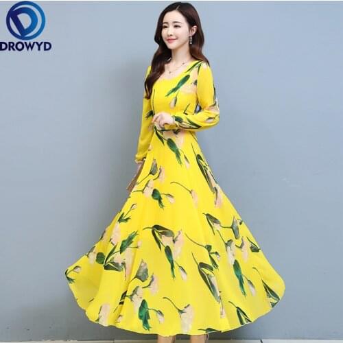 New Autumn Vintage Boho Yellow Print Dress Floral Chiffon Long Sleeve Casual Beach Dress 2021 Women Bodycon Party Maxi Vestidos