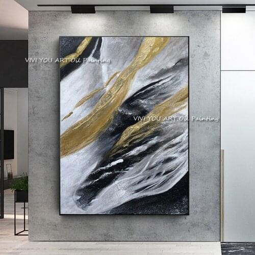 Golded black white cuadros wall art abstract Handmade oil painting modern living room decoration canvas Home Wall Bedroom art
