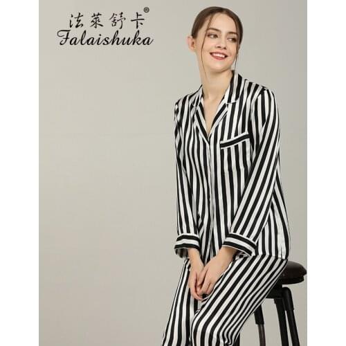 19 Momme 100% genuine silk pajamas sets women sleepwear Korean sexy striped Mulberry Silk womens pyjamas T8131_ZB
