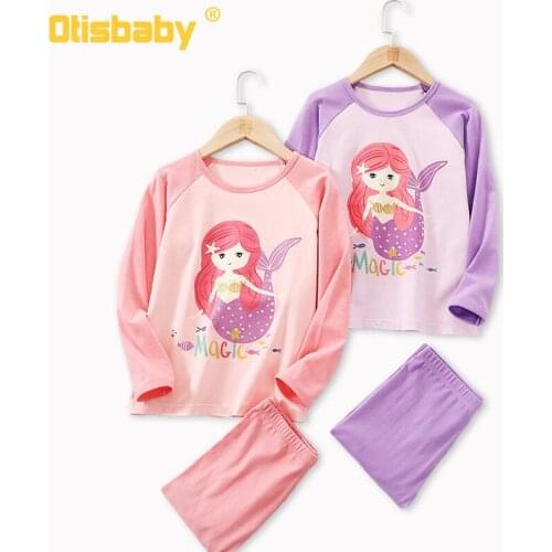 Cotton 2PCS Children Girl Little Mermaid Unicorn Pajama T-shirt with Pants Kids Sleepwear Keep Warm Casual Home Clothing Sets