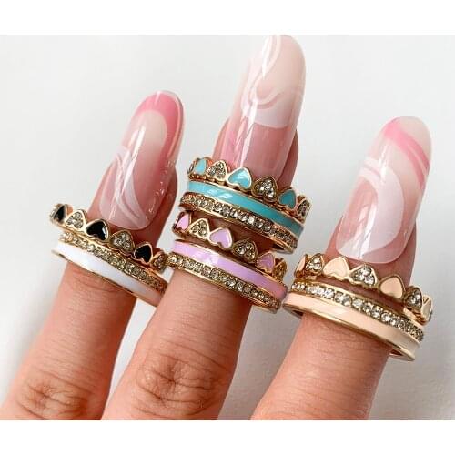 2pcs/set Elegant CZ Zircon with Enamel Heart Rings for Women Stackable Couple Love Heart Finger Rings Wedding Bands Jewelry Gift