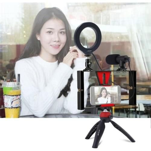 4 in 1 Vlogging Live Broadcast Smartphone Video Rig +4.6 inch Ring LED Video Light+Microphone+Tripod Mount+Tripod Head 2 Colors