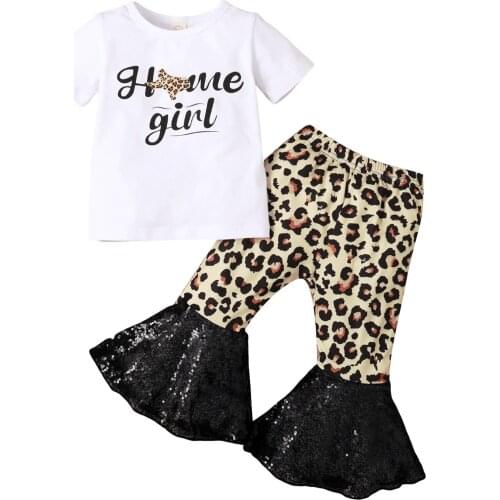 2021 0-6Y Summer Kids Baby Girl Clothes Fashion New Letter Print Short Sleeve T-shirt+Leopard Sequins Flare Pants Outfits 2pcs