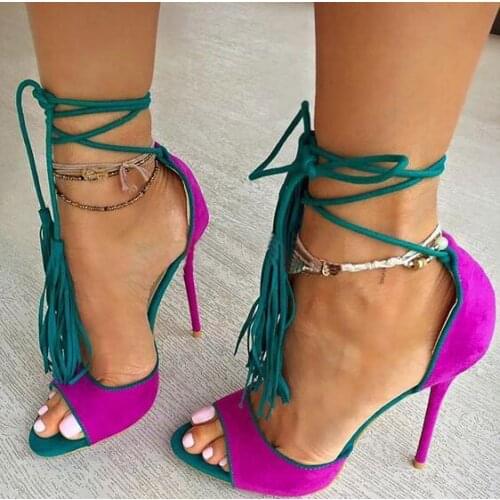 Fashion Purple Suede Leather Women Peep Toe Sandals Ladies High Heel Sandals Lace Up Celebrity Shoes Strappy Party Shoes