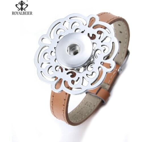Hot Sale 1pc Genuine Leather Bracelet Fit 18/20mm Snap Button Adjustable Openwork Flower Women Retro Size Bracelet SZ0521