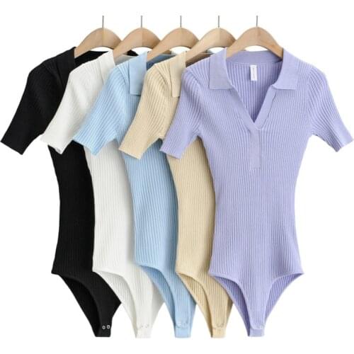 One Piece Women V Neck Knitted Solid Turn-down Collar Short Sleeve Black White Purple Blue Bodysuit Bodycon Jumpsuit