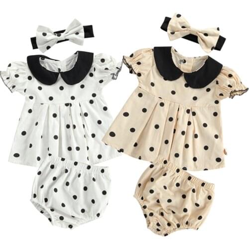 0-24M Baby Clothes Infant Girls Summer Casual Clothes Sets Short Sleeve Polka Dot Print T-shirt + Shorts + Hairband 3pcs