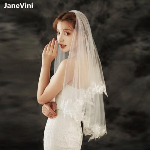 JaneVini 2021 Elegant 2 Layers Short Bridal Veils with Comb Lace Appliques Edge Tulle Welon Ivory Veil Women Wedding Accessories