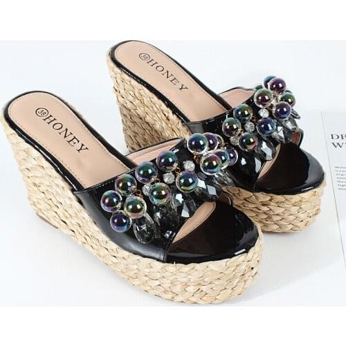 Summer womens sandals 2021 new word with super high heel slippers beaded fashionable and comfortable womens shoes 10.5cm