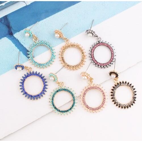 LUBOV Shining Crystal Circle Dangle Earrings Rhinestone Imitation Pearl Decoration Women Drop Earring Trendy Women Party Jewelry