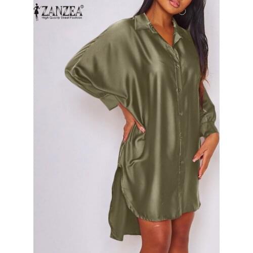 Fashion Satin Shirt Dress Womens Asymmetrical Sundress ZANZEA 2021 Casual Long Sleeve Lapel Mini Vestidos Plus Size Robe Femme