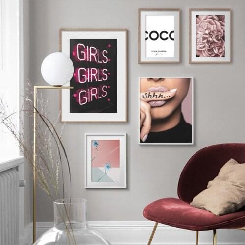 Fashion Flower Woman Lips Posters and Prints Coco Quotes Wall Art Canvas Painting Wall Pictures for Girls' Room Decor Unframed